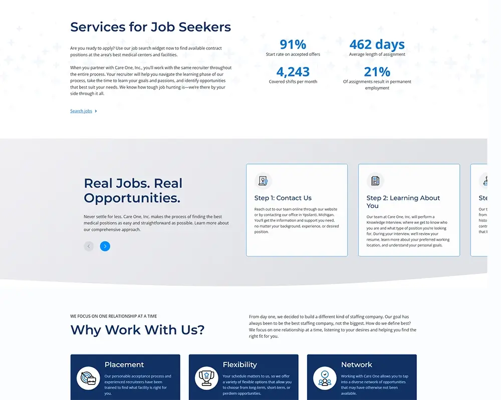 Web page for job seekers with stats, contact steps, and benefits of working with a staffing company.