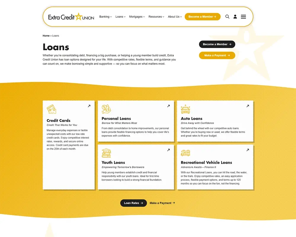 Extra Credit Union Loans page offering credit cards, personal, auto, youth, and recreational vehicle loans.