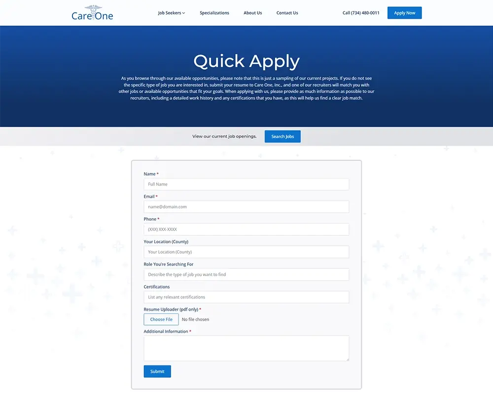 Care One job application page with quick apply form and company information.