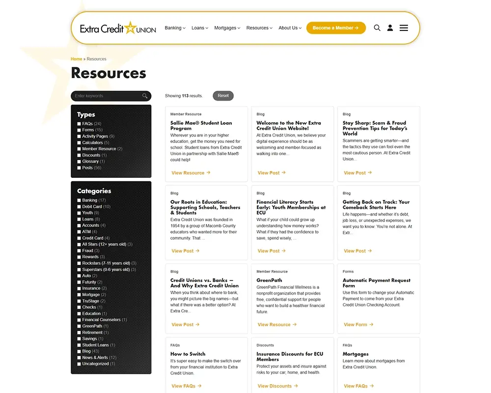 Extra Credit Union resources page with categories like banking, loans, and FAQs. Search bar and filtering options visible.
