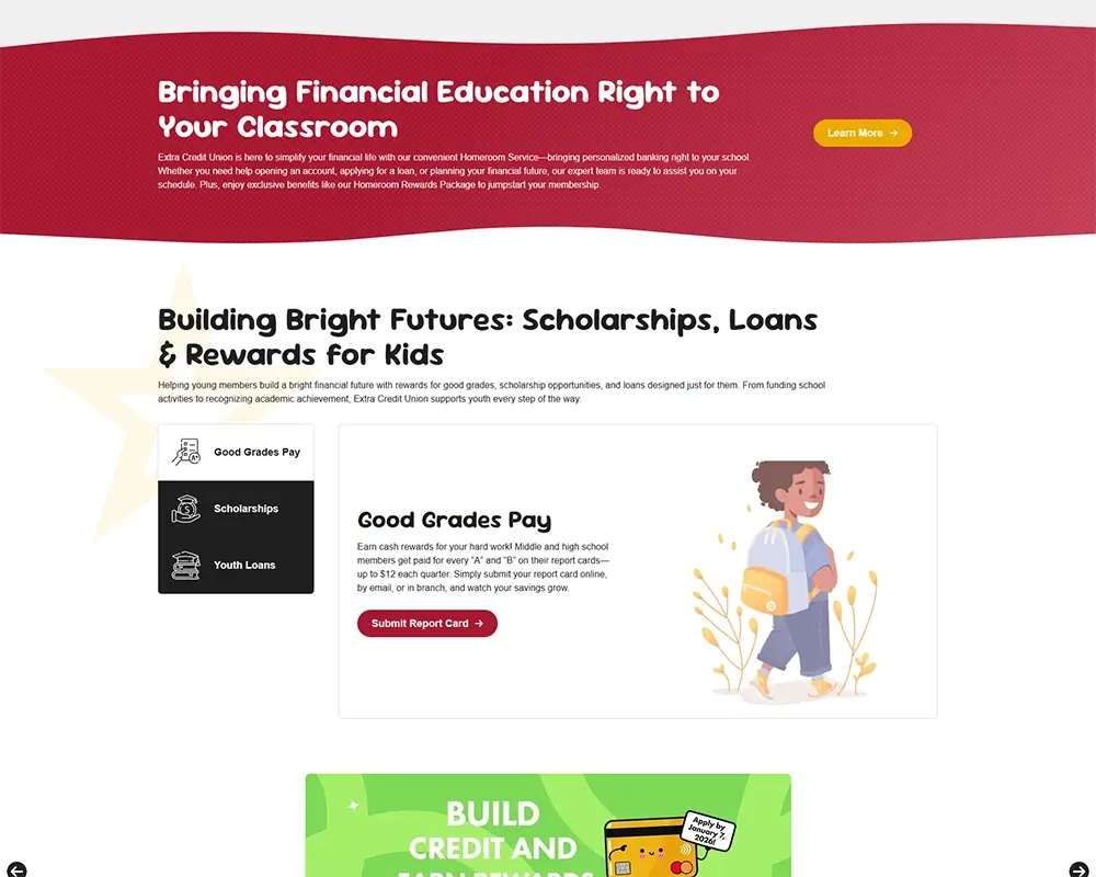Extra Credit Union webpage offering scholarships, loans, and rewards for students' financial education.