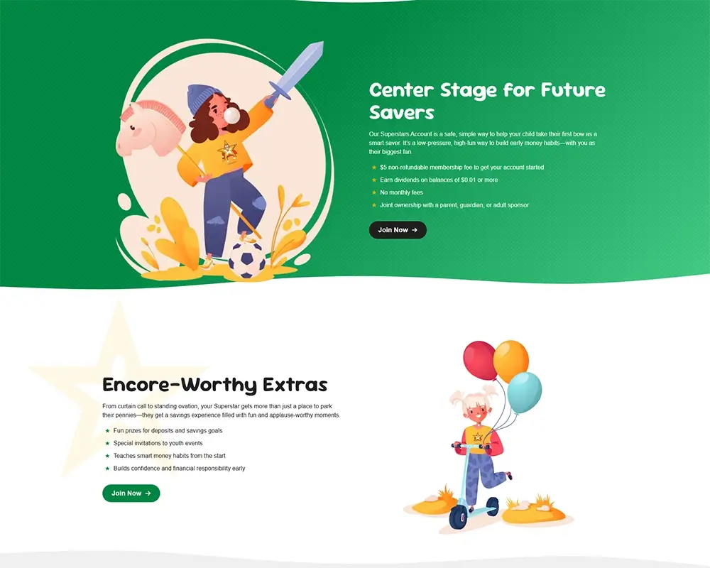 Illustration of kids playing with a sword and balloons promoting a savings account for young savers.