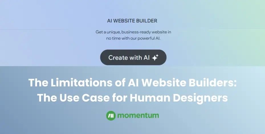 A screenshot of Wix's AI web builder with the text 'The Limitations of AI Website Builders: The Use Cases for Human Designers.'