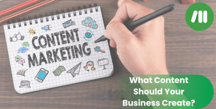 A person has scribbled "Content Marketing" on an open notepad. Momentum's logo is in the top right. The text "What content should your business create?" is on the bottom right
