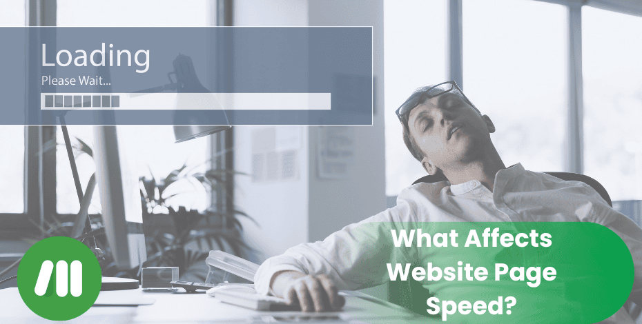 A person is falling asleep at a desk. Next to his head is a box that says 'Loading, Please Wait.' The Momentum logo is in the bottom left corner and the text 'What Affects Website Page Speed?' appears on the bottom right