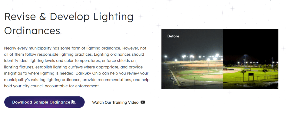 A section from DarkSky Ohio discussing lighting ordinances and responsible lighting practices with a before/after slider showing irresponsible versus responsible lighting design.