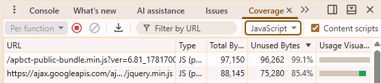 Screenshot from Google DevTools showing unused JS script