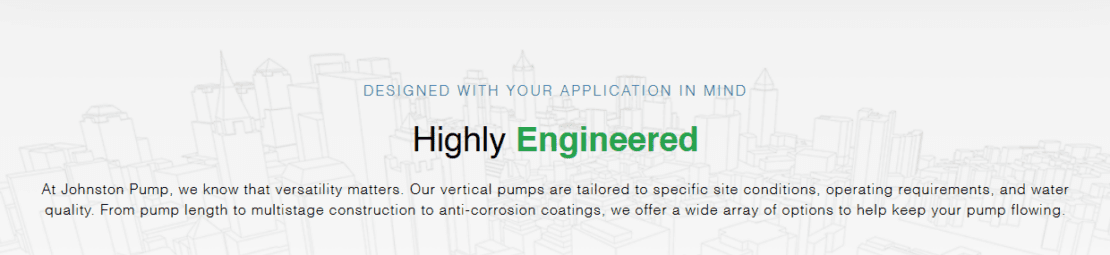 A section from Johnston Pump discussing their highly engineered pumps. The background features blueprint/CAD images.