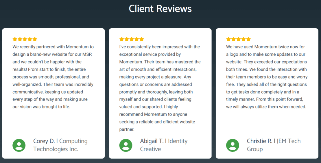 Scrolling testimonials on Momentum's website