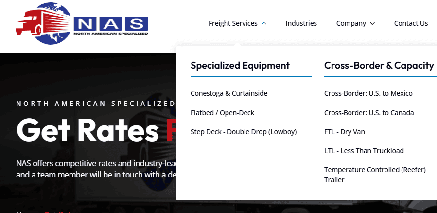 A dropdown from North American Specialized showcasing Specialized Equipment and Cross-Border and the subsequent pages associated with each category.
