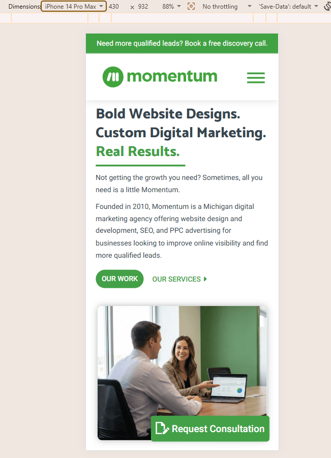 Shows the perspective of Momentum's websites as viewed by an iPhone 14 Pro Max