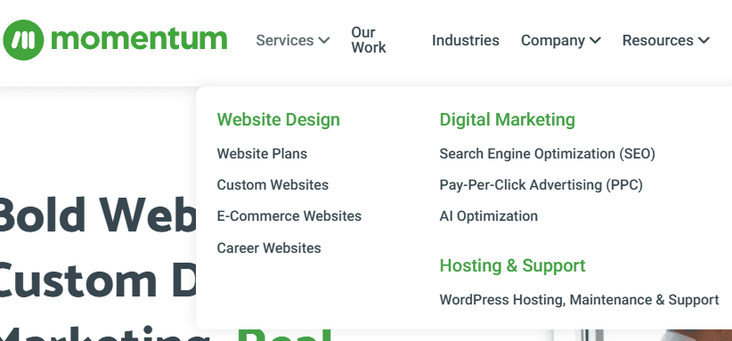A screenshot of Momentum's main nav, showing web design, digital marketing, and hosting/support